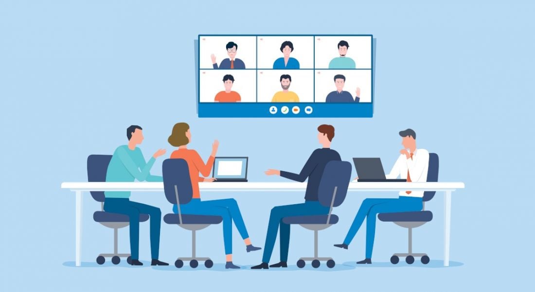 A cartoon image of a group of people in a boardroom with more employees on a large screen, striving for shorter meetings.