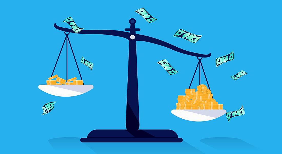 Wage inequality cartoon concept with a weight scales and money weighing one side down more than the other.