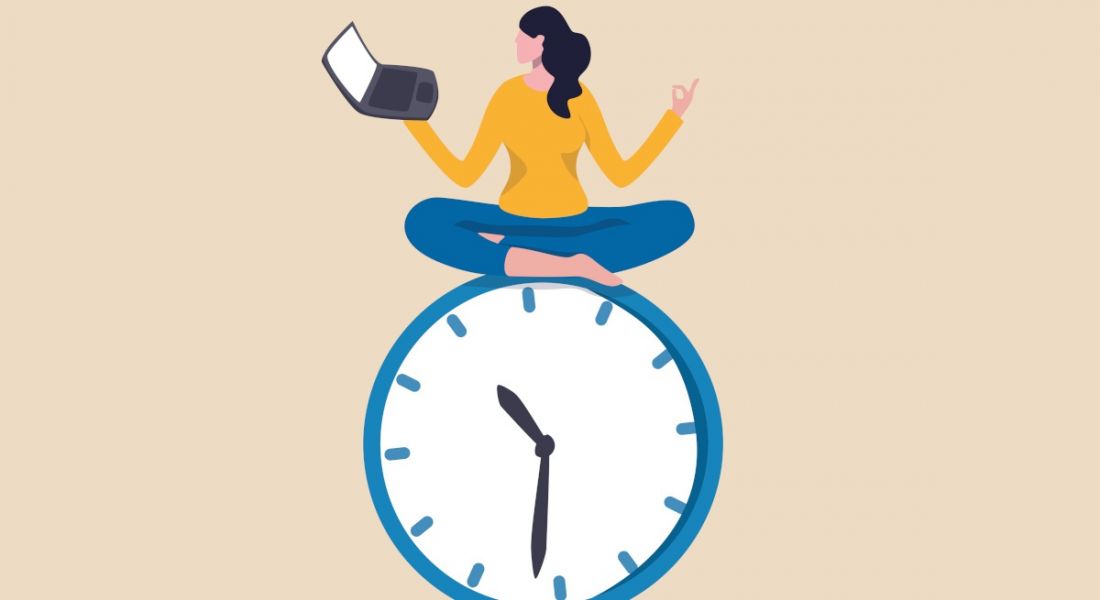 work-life balance concept cartoon of woman sitting on an enlarged clock.