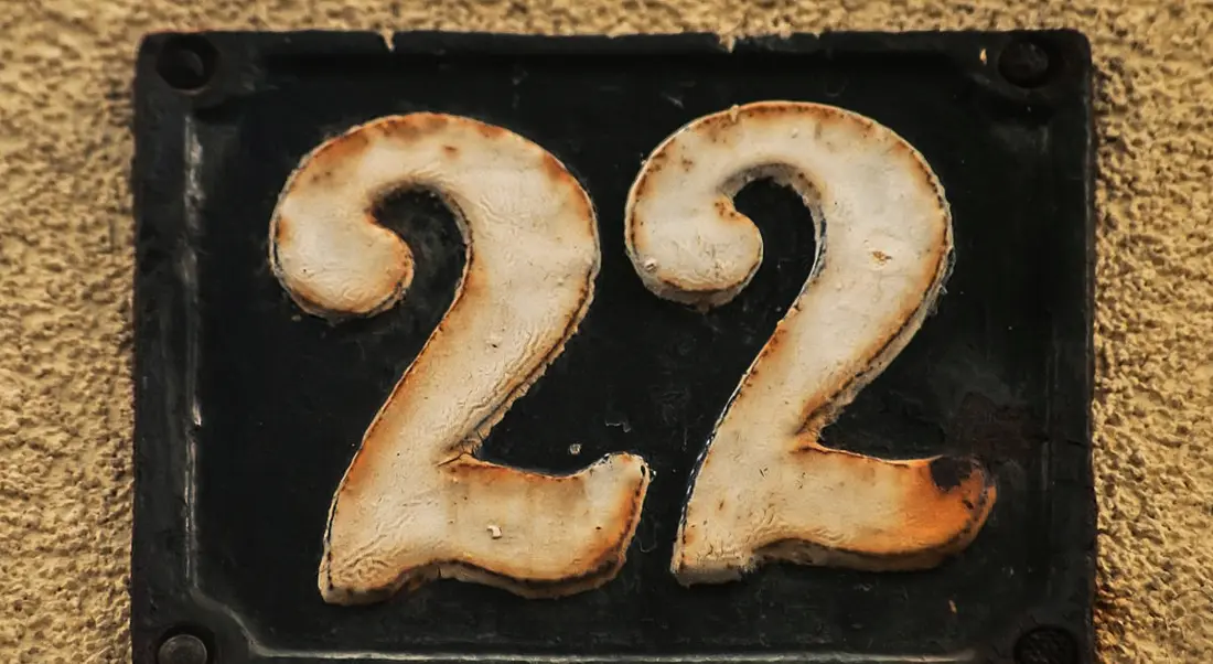 The number 22 on a metal sign nailed on to a yellow coloured wall.