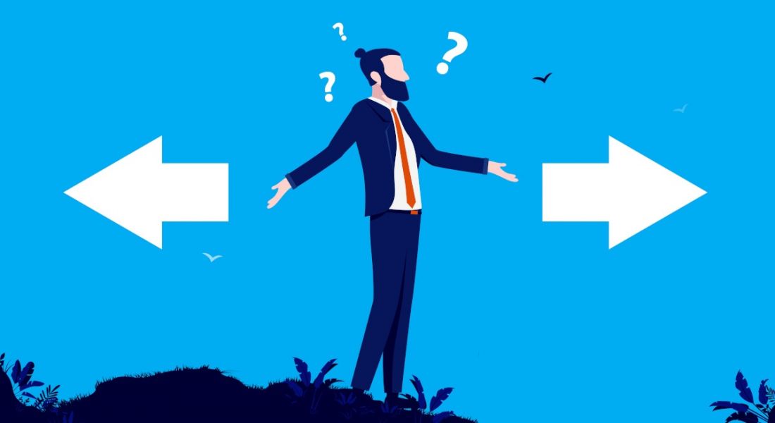Cartoon of an indecisive man in a suit. White arrows point left and right beside him and there are question marks around his head. This symbolises decision fatigue.