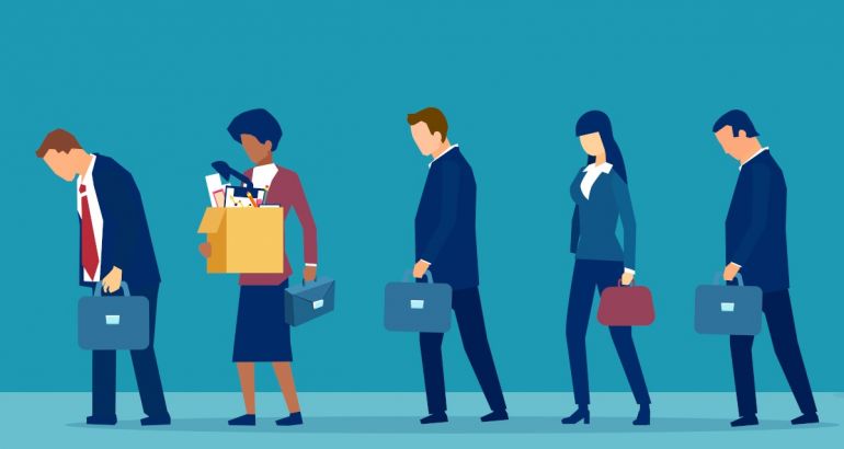 A cartoon image of a line of sad business people walking in a line, one of which is holding a carboard box, symbolising mass layoffs.