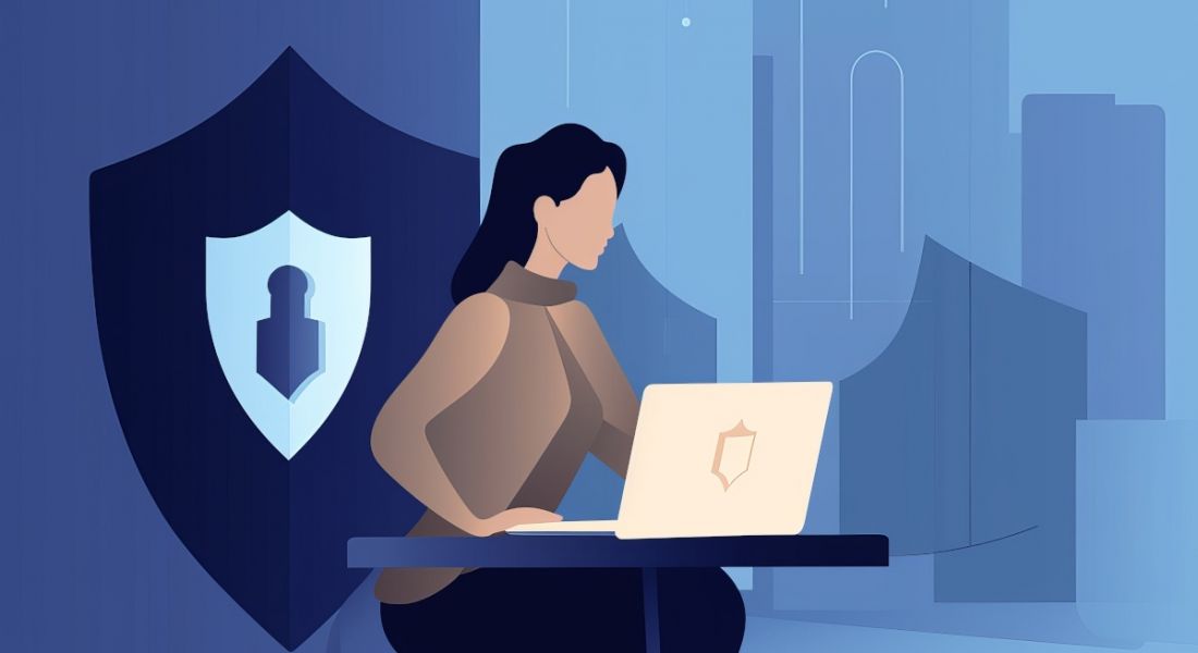 Cartoon of a woman working in cybersecurity with a large keyhole behind her and a laptop and desk in front of her.