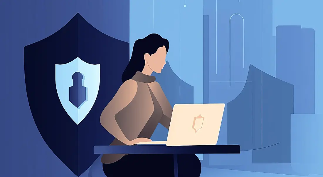 Cartoon of a woman working in cybersecurity with a large keyhole behind her and a laptop and desk in front of her.