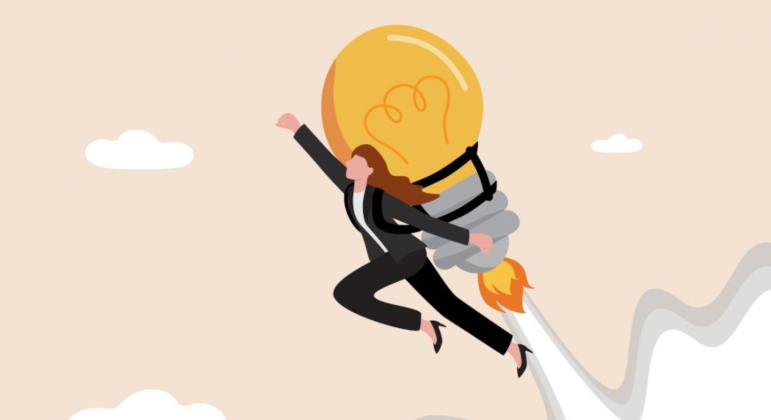 A cartoon image of a businesswoman wearing a giant lightbulb as a jetpack soaring into the sky.