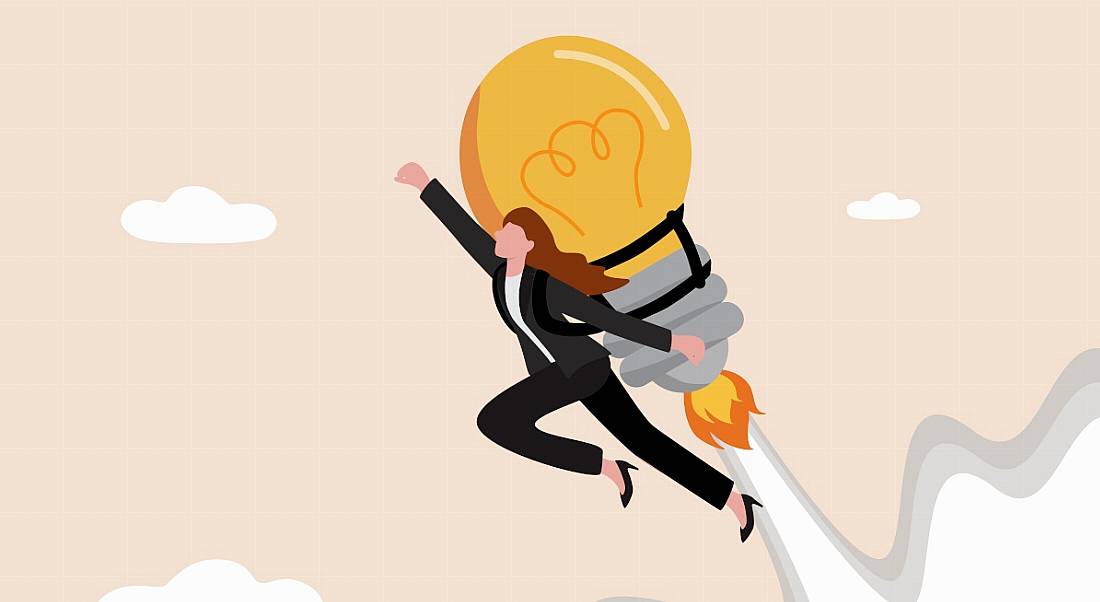 A cartoon image of a businesswoman wearing a giant lightbulb as a jetpack soaring into the sky.