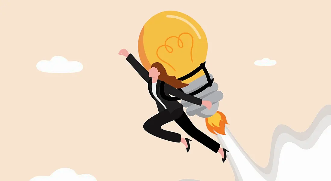 A cartoon image of a businesswoman wearing a giant lightbulb as a jetpack soaring into the sky.