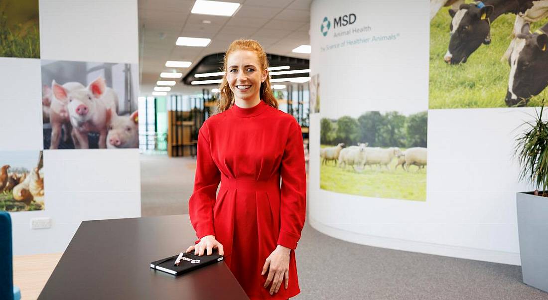 A woman stands at a desk in an office reception. The MSD logo is on a wall behind her.