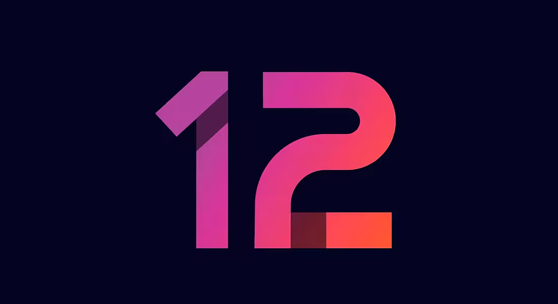 The number 12 in pink, orange and purple changing colours on a black background.