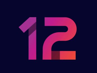 The number 12 in pink, orange and purple changing colours on a black background.
