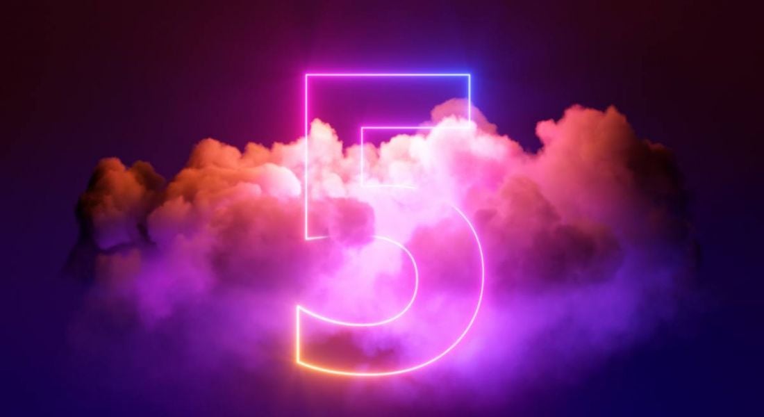 The number five in neon pink and purple with a cloud imposed over it on a dark purple background.