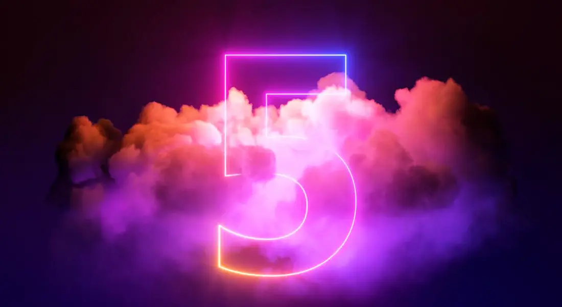 The number five in neon pink and purple with a cloud imposed over it on a dark purple background.