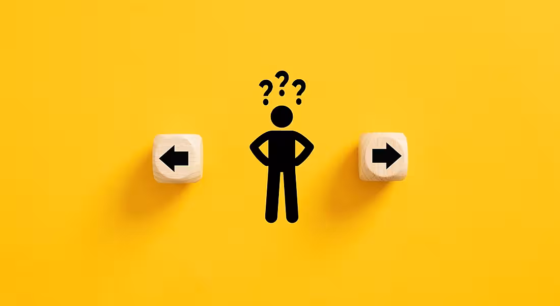 Decision making skills concept of a person with question marks over their head and two blocks with arrows pointing in opposite directions on a yellow background.