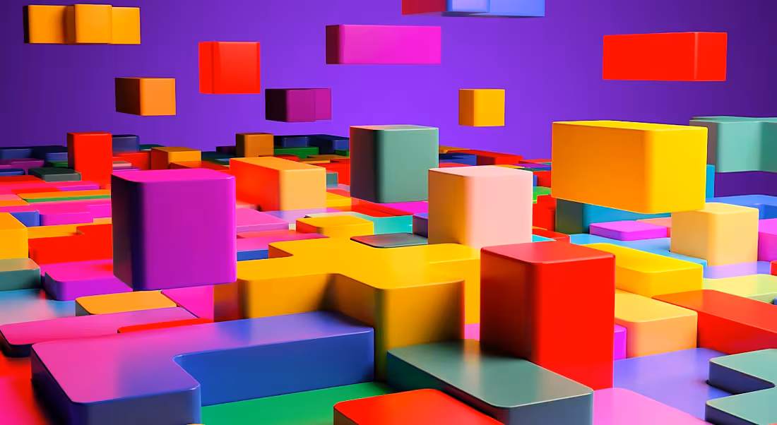3D colourful shapes that fit together and float . against a purple background.