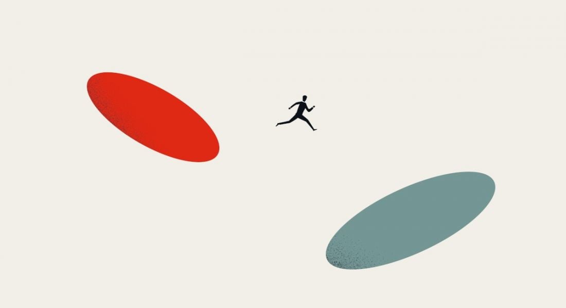 Career pivot concept graphic of a businessperson jumping from a red dot to a green dot on a beige or off-white background.