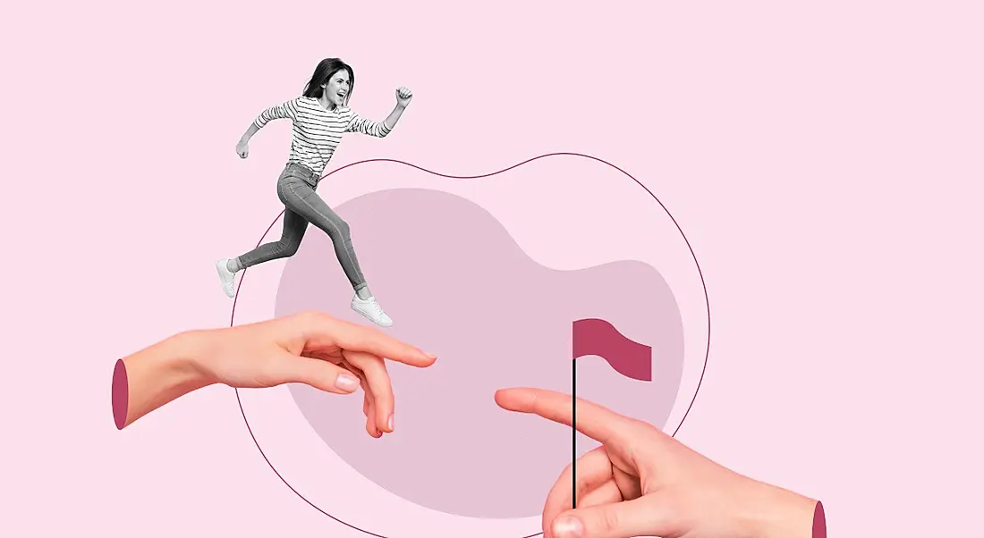 Collage image of a woman jumping from one giant hand to another. One hand is holding a red flag that she is trying to reach.