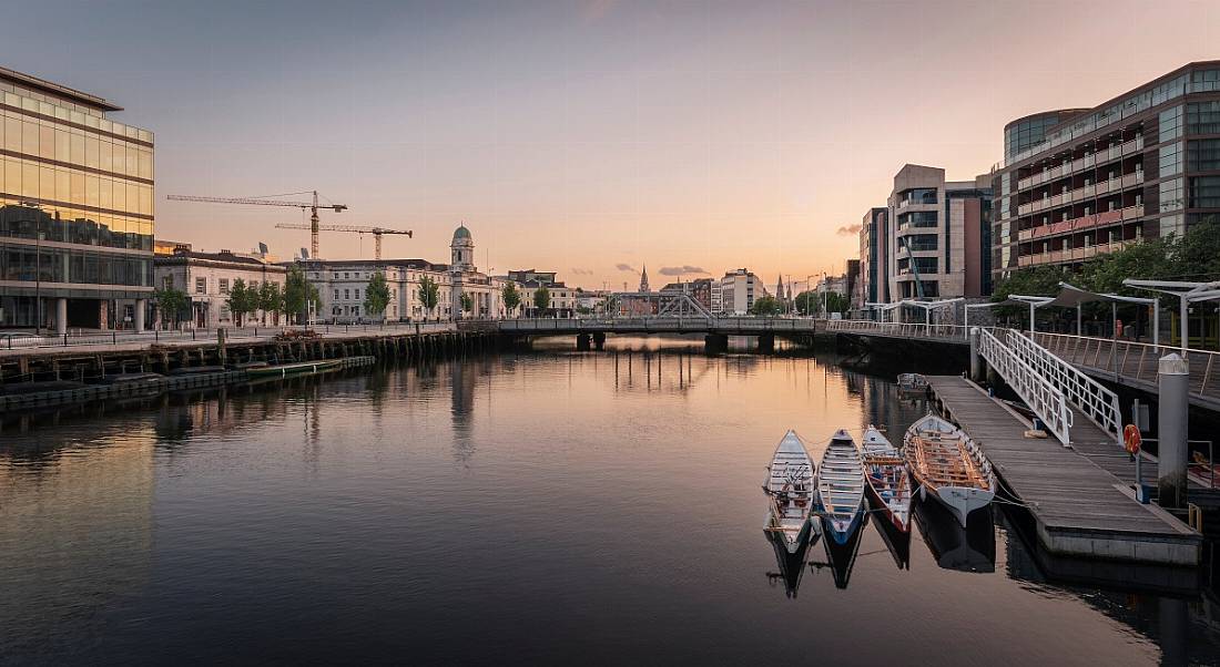 A view of the River Lee with Cork City hall in the background.