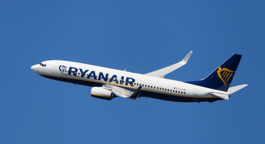 A Ryanair flight in mid-air.