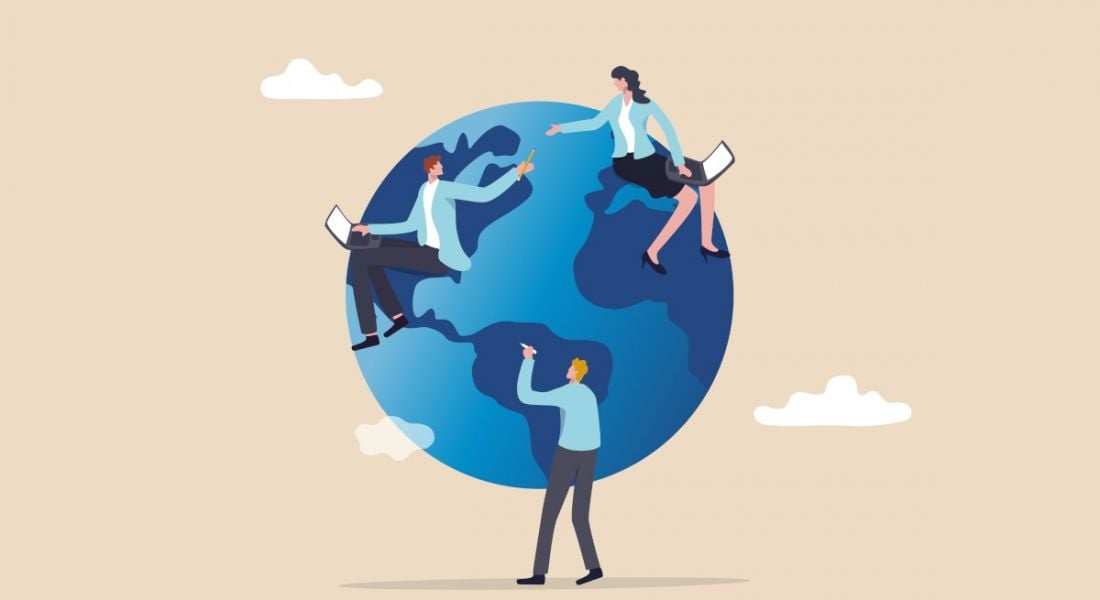 An illustration showing a globe with three people positioned at different ends of it, symbolising global remote working.