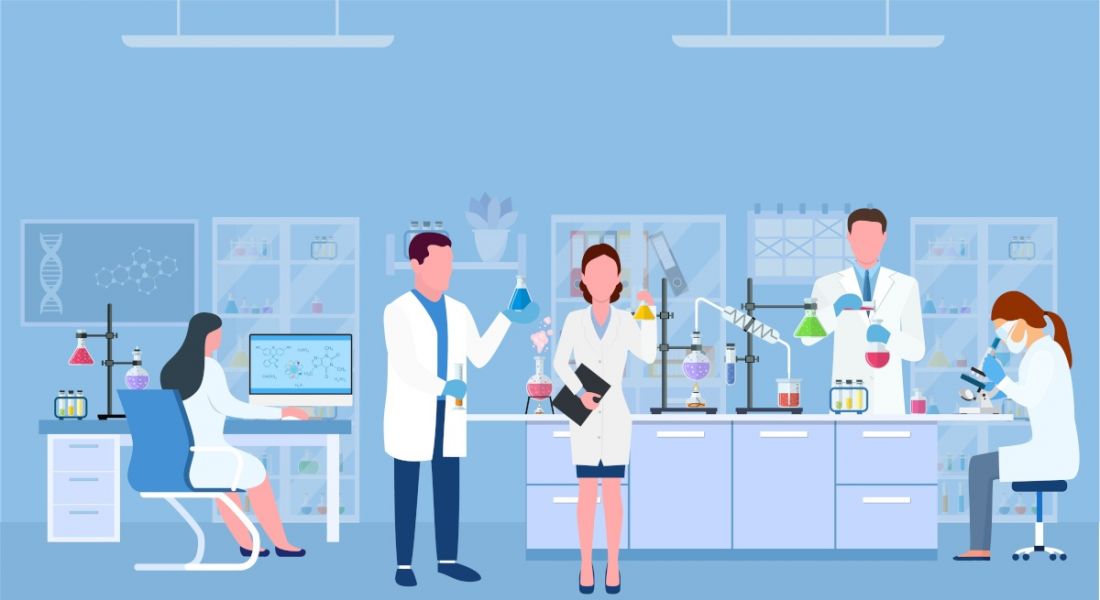 Cartoon showing scientists in white lab coats working in a lab with lab equipment.