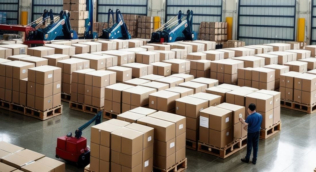 A person working in a warehouse alongside robots with stacks of boxes present.