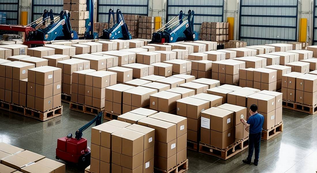 A person working in a warehouse alongside robots with stacks of boxes present.