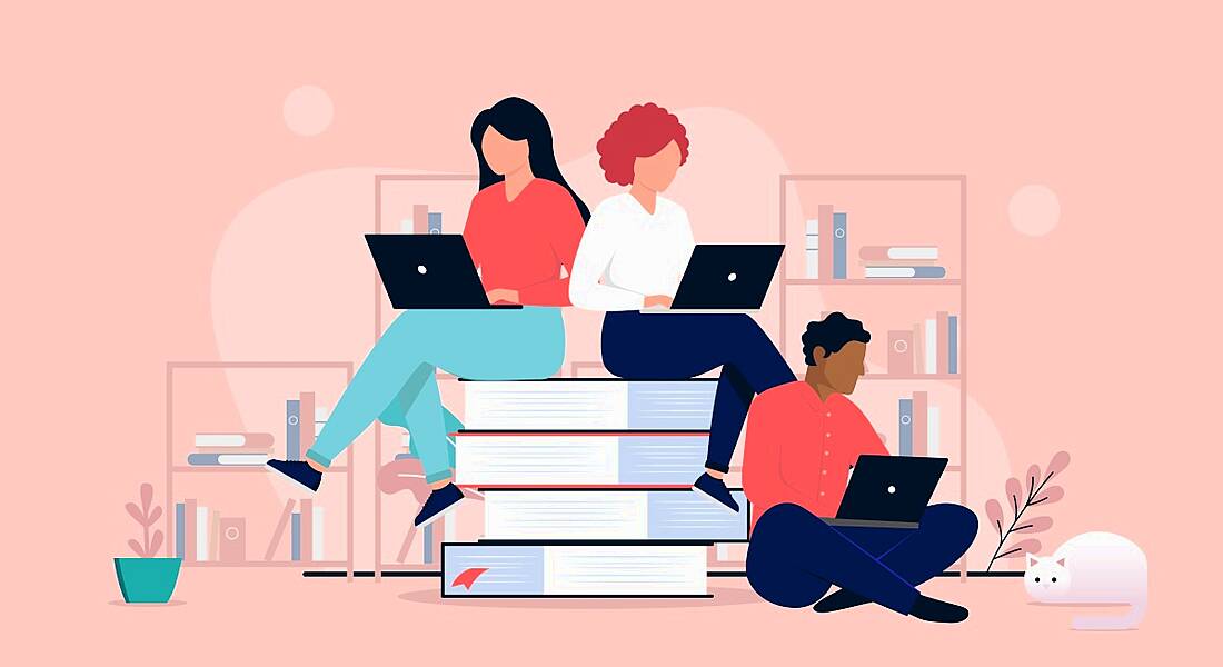 An illustration of three people working at laptops sitting on a stack of oversized books against a pink backdrop.