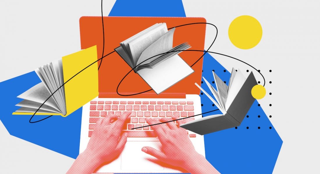 Abstract collage in primary colours with hands working on a laptop and books.