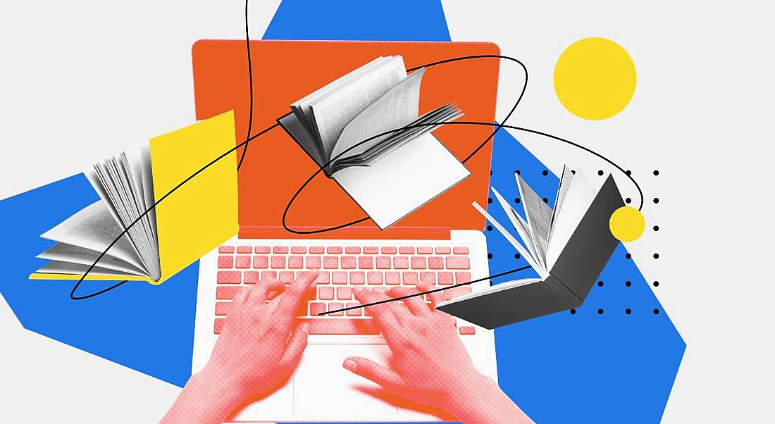 Abstract collage in primary colours with hands working on a laptop and books.