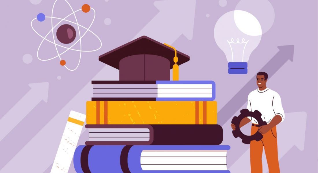 A cartoon of a man standing beside some giant books with a graduate cap on top of them and some STEM symbols floating around.