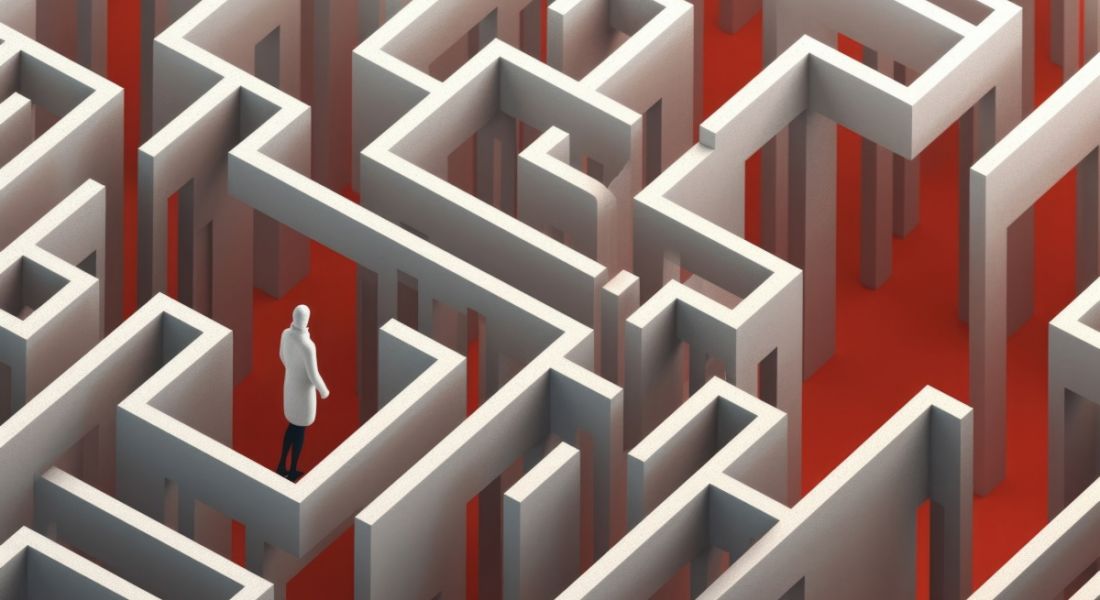 A person is lost in a maze with white walls and a red floor.