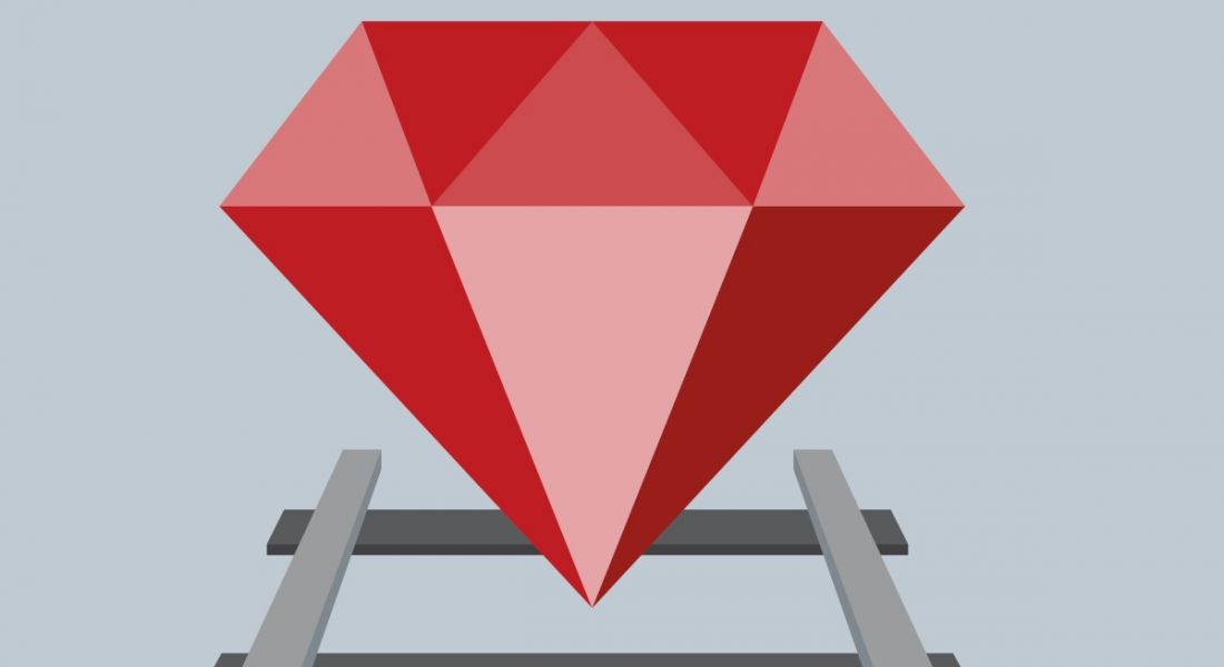 A cartoon red ruby gem on a railway track representing Ruby programming language and its associated web framework Ruby on Rails.
