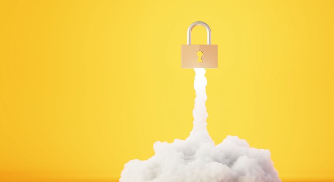A padlock blasting into the air like a rocket with white smoke underneath it against a white background, symbolising a cybersecurity career boost.