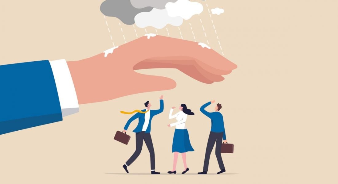 An illustration of a giant hand sheltering three office workers from a rain cloud, symbolising an employer looking after their workers' wellbeing.