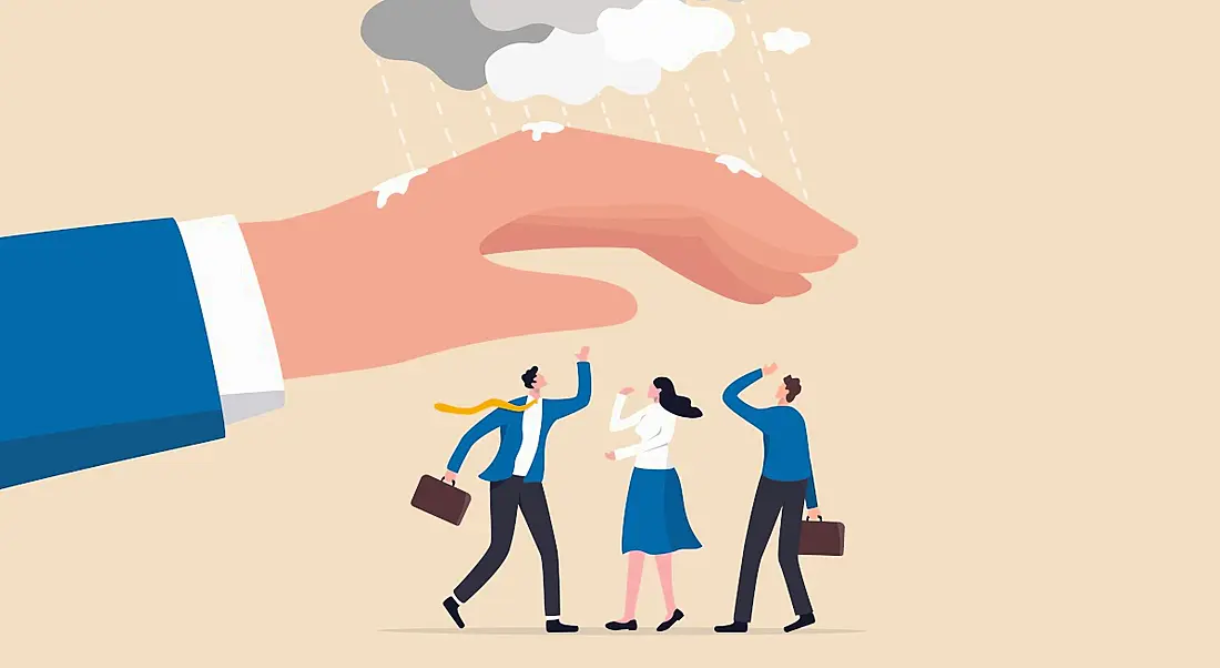 An illustration of a giant hand sheltering three office workers from a rain cloud, symbolising an employer looking after their workers' wellbeing.