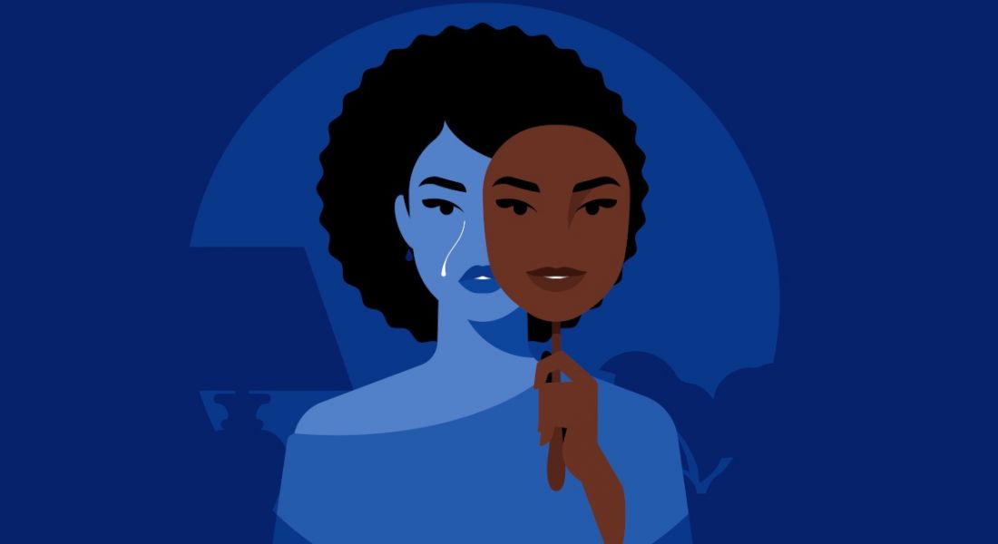 An illustration of a black woman crying while holding a smiling mask slightly away from her, symbolising imposter syndrome.