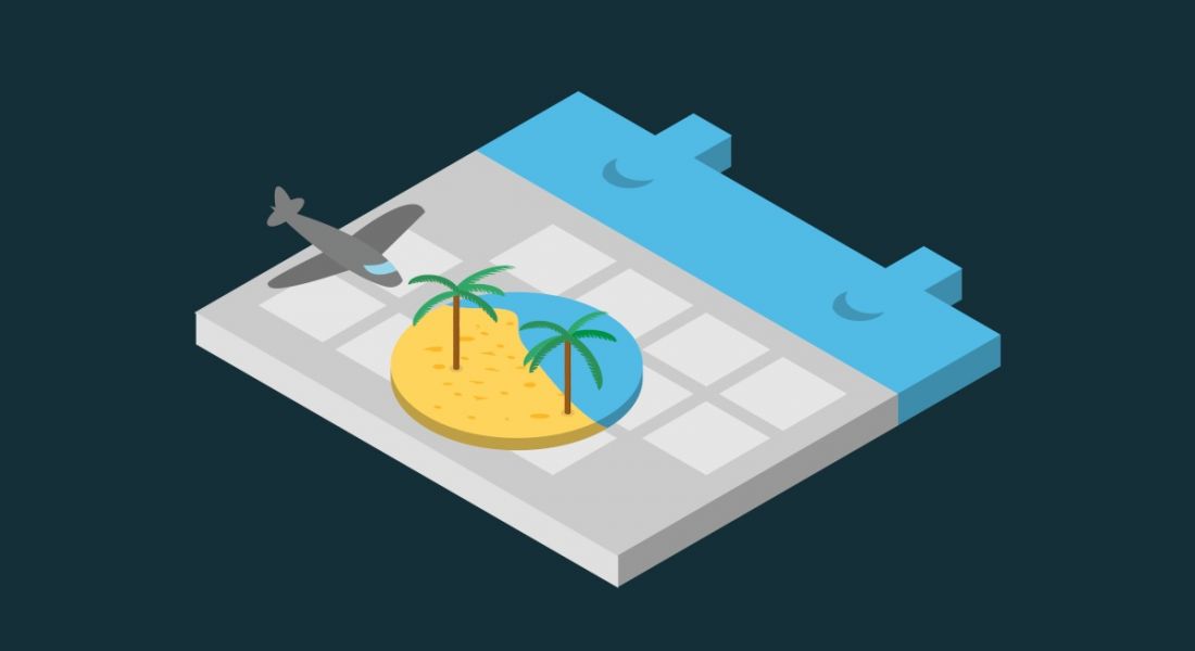 A digital illustration of a calendar with a sunny beach on top of it with a plane flying towards it, representing booking time off work for a summer holiday.