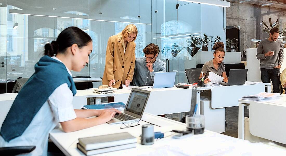 A group of people in an office, some are sitting at computers while others are standing around.