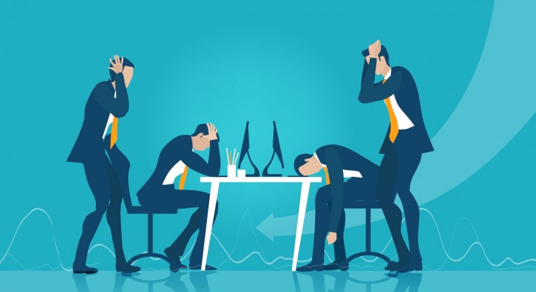 Cartoon showing people dealing with bad management at work. They have their heads down on their desks in despair and others are standing around clutching their heads stressed out.