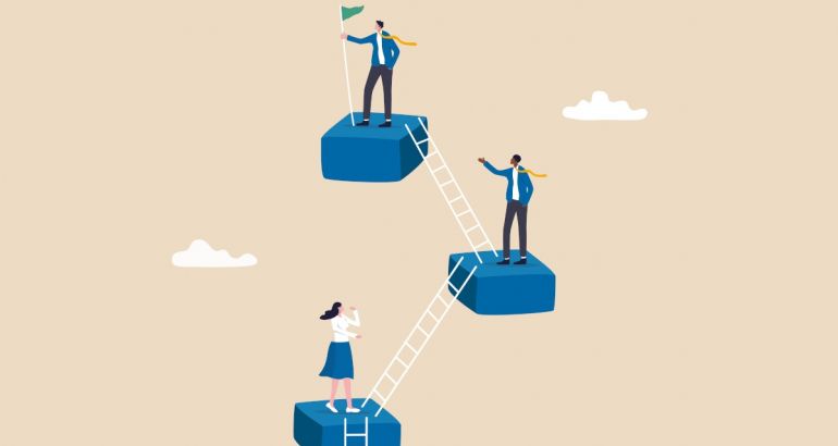 Three blue blocks in a sky connected by ladders with one person on each, symbolising early-stage workers climbing a career ladder.