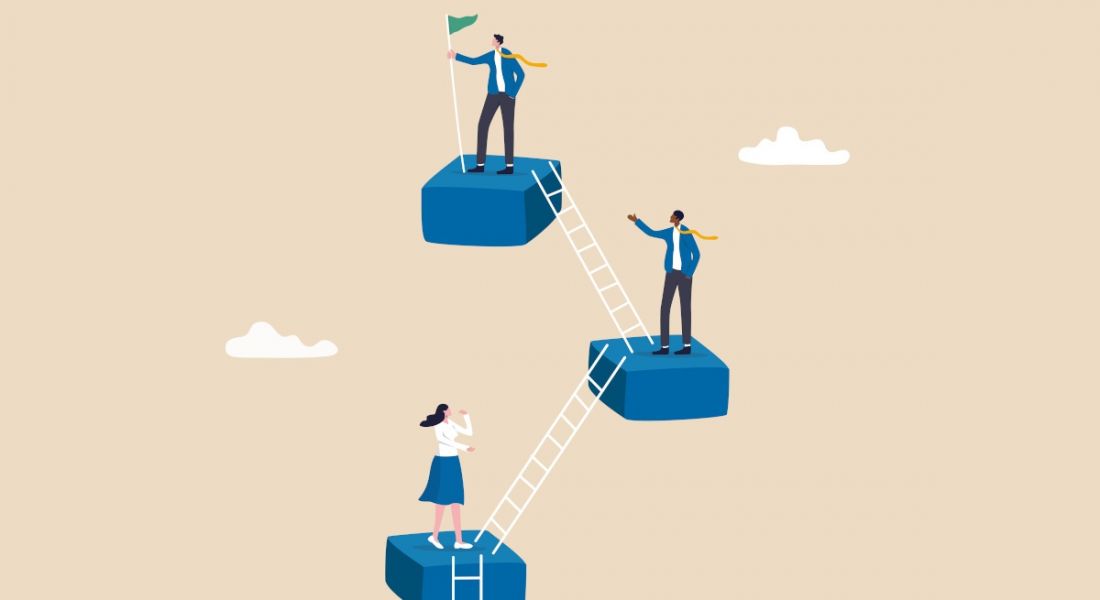 Three blue blocks in a sky connected by ladders with one person on each, symbolising early-stage workers climbing a career ladder.