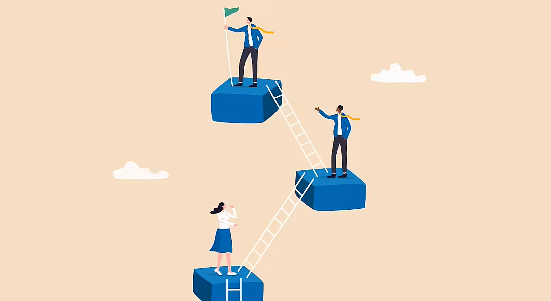 Three blue blocks in a sky connected by ladders with one person on each, symbolising early-stage workers climbing a career ladder.