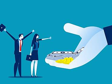 A large hand holding paper money and coins out to a man and a woman, symbolising salary research.