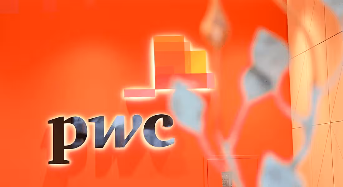 An image of the PwC logo on an orange wall. There is a plant in the foreground that is out of focus.