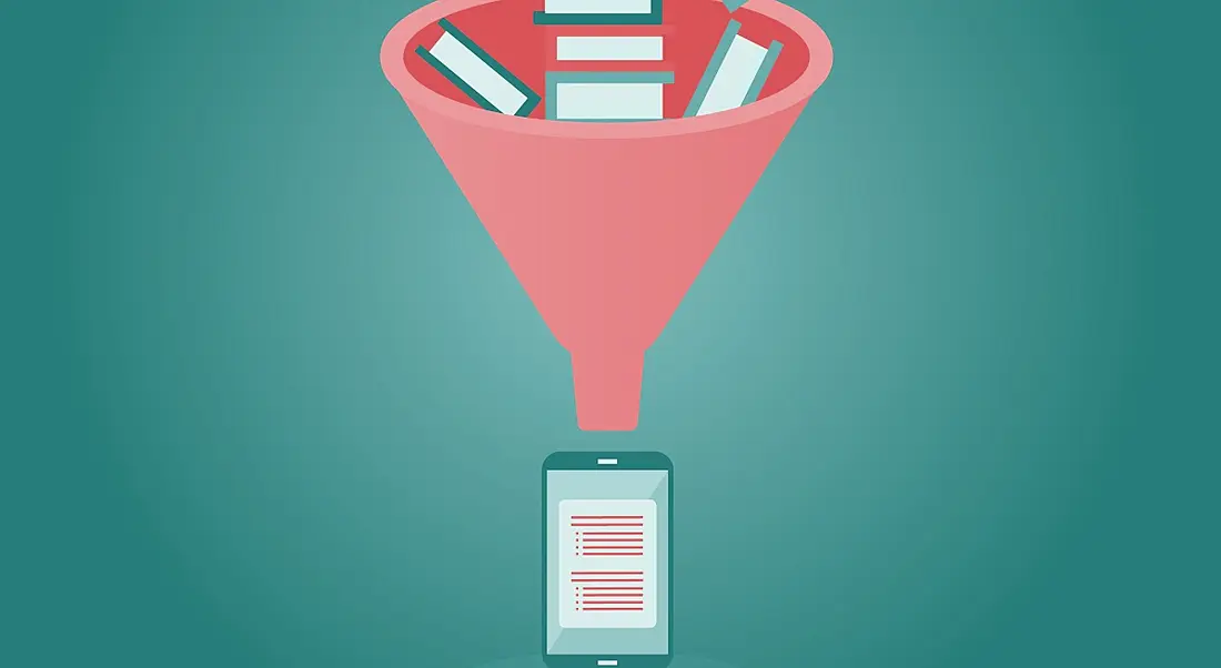 A funnel with books being thrown into it landing on a smartphone in a micro-learning concept cartoon.