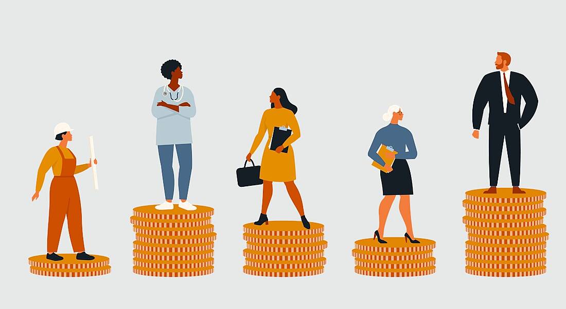 Gender pay gap concept cartoon with different people standing on stacks of coins of varying heights.