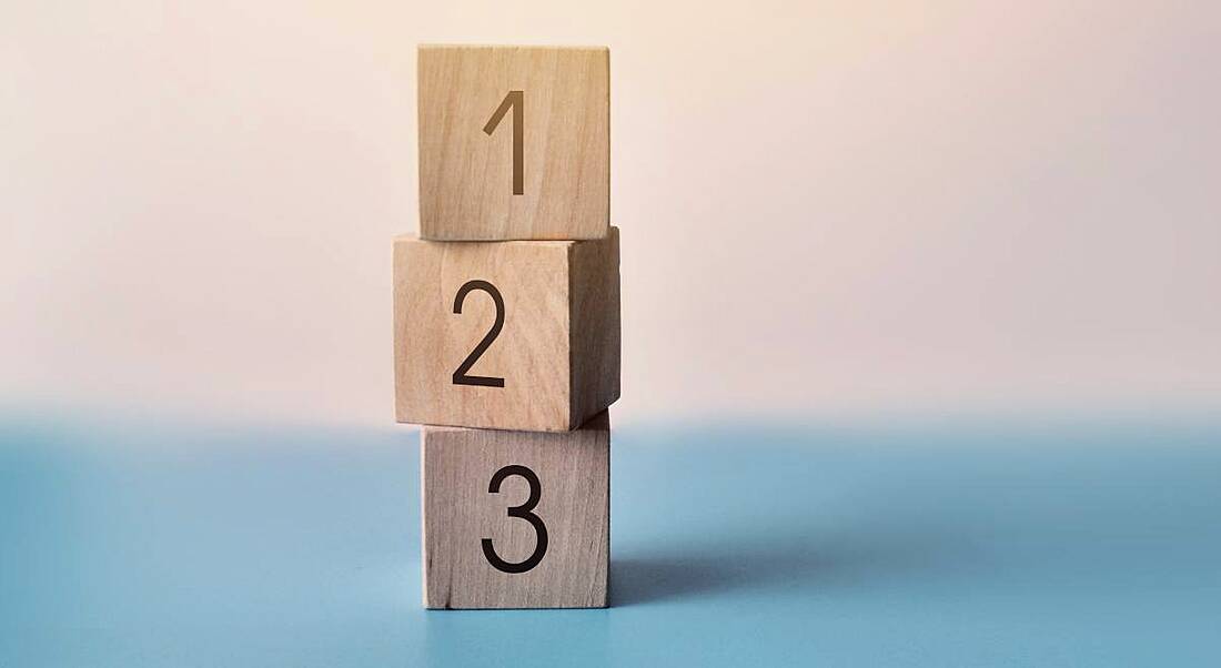 Three wooden blocks with the numbers one, two and three on them against a blurred background.