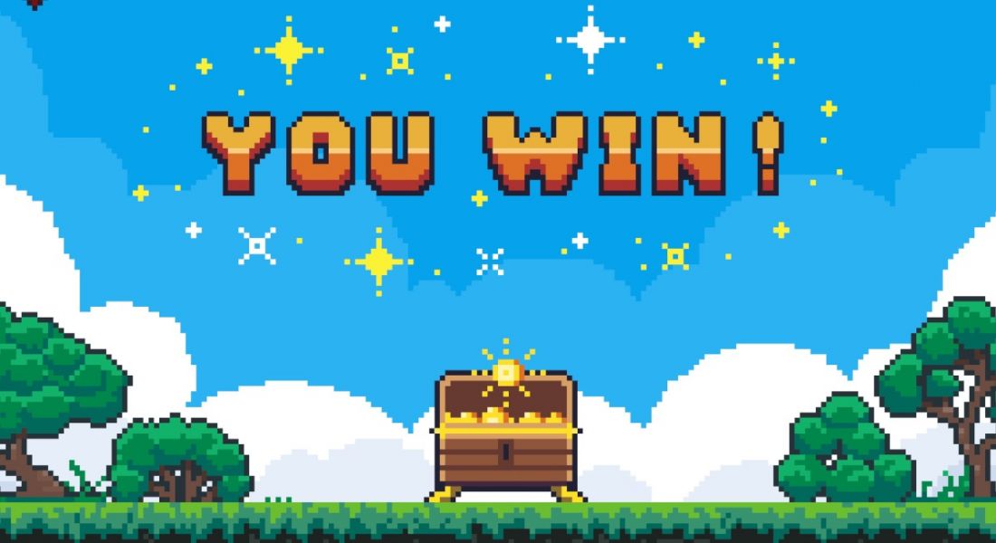 Pixelated-game screen graphic with the words "you win!" in gold on a sky and trees scene with a treasure box underneath.