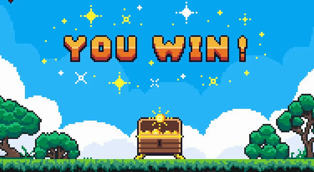 Pixelated-game screen graphic with the words "you win!" in gold on a sky and trees scene with a treasure box underneath.