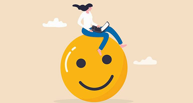 An illustration of a woman sitting on top of a giant smiley face while using her laptop.